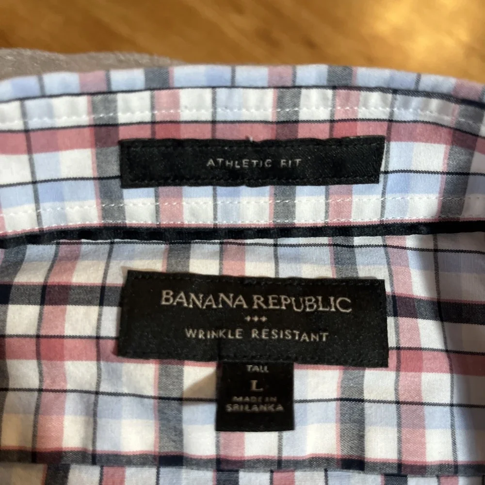 Banana Republic Shirt Mens Large Tall Red White Blue Plaid Slim Fit Athletic Fit